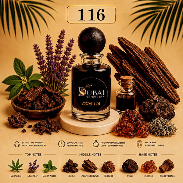 A perfume bottle labeled 'Dubai Extrait Code 116' centered on a beige background with botanical and spice props, plus a small matching bottle and a note reading '116' at the top.