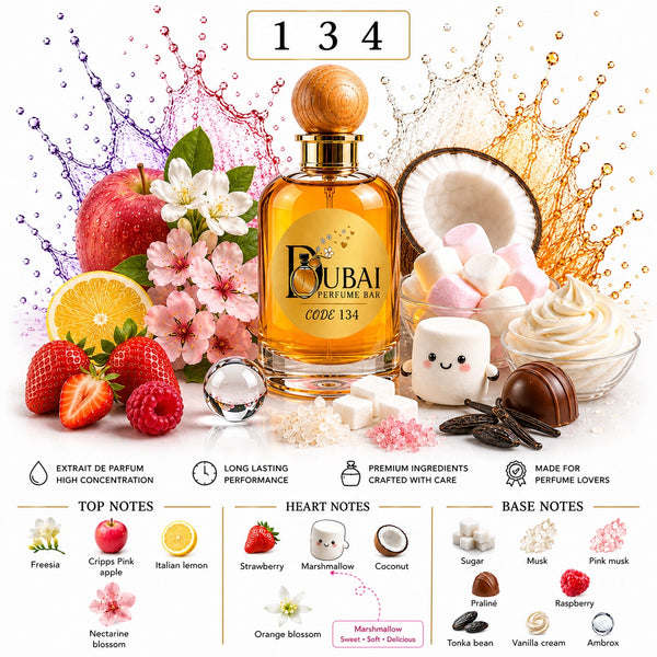 A perfume bottle labeled 'BUBAI CODE 134' centered on a white background with fruit, flowers, marshmallows, cream, and splash graphics. Text below lists top, heart, and base notes, and the image appears to be a promotional product graphic rather than a plain studio product shot.