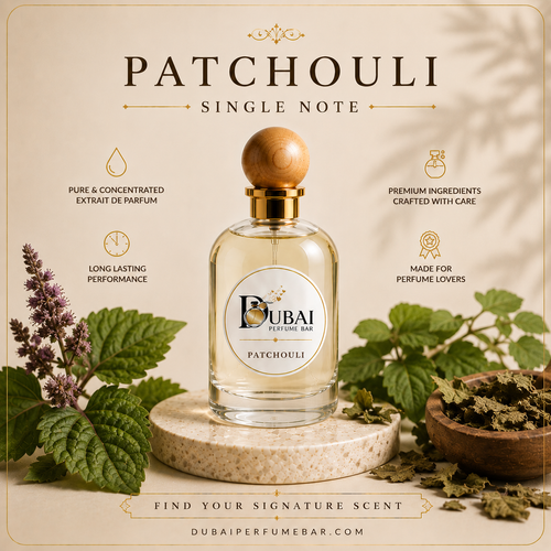 A perfume bottle labeled 'PATCHOULI SINGLE NOTE' by Dubai Perfume Bar, styled on a stone pedestal with patchouli leaves, flowers, and dried herbs on a warm beige background with decorative text.