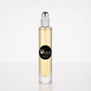 A clear glass roller bottle filled with pale golden perfume oil, featuring a Dubai Perfume Bar label and a silver metal roller cap on a white background.